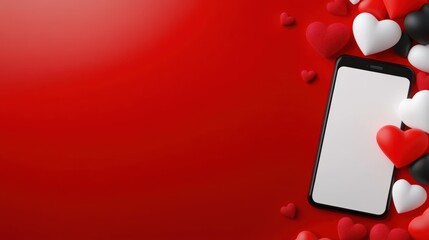 A smartphone rests among a variety of colorful hearts on a vibrant red background, creating a romantic and festive atmosphere, ideal for use in social media promotions, Valentine's Day marketing