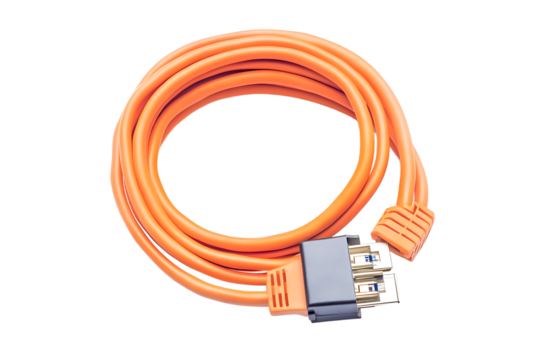 Coiled orange esata cable with connectors on a black background in a studio shot close up view