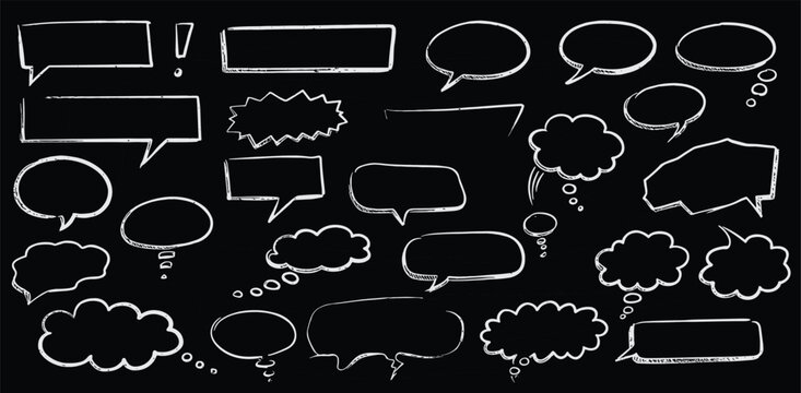 Crayon or chalk speech bubble set - hand drawn sketchy chat clouds, oval shapes dialog boxes, thought balloons, communication design elements in doodle