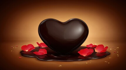 A glossy heart-shaped chocolate sits on a smooth surface surrounded by scattered rose petals, creating a romantic ambiance suitable for Valentine's Day or gourmet events, Perfect for food, love