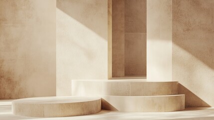 Geometric platform composition in beige tones for advertisements with skin-like textures.