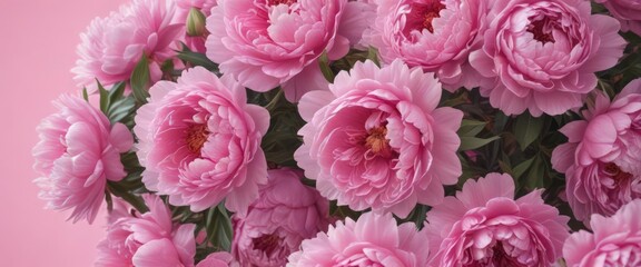 Fototapeta premium Dense cluster of pink peonies, soft pink backdrop, pretty, peony, summer