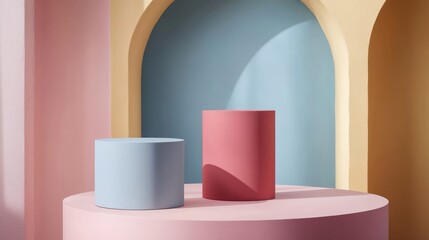 Geometric podiums on pastel background for product display.