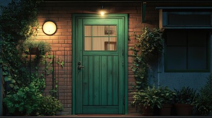 Green door, wood terrace, urban view, nighttime.