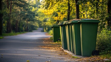 Naklejka premium Green bins line the roadway