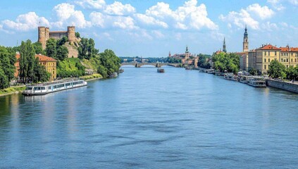 Obraz premium River view with castle, bridge, and city. Travel postcard or tourism website
