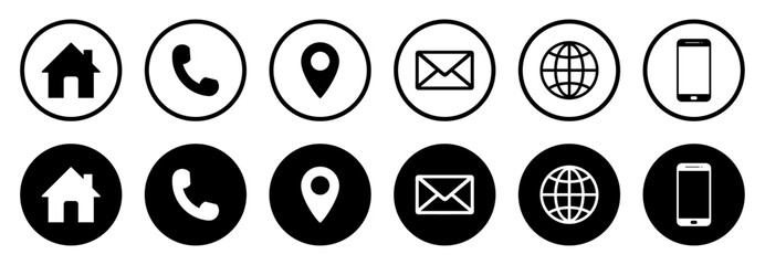 Black and white contact icons set. Home, phone, location, email, web, mobile circle outline and solid style. Vector illustration.