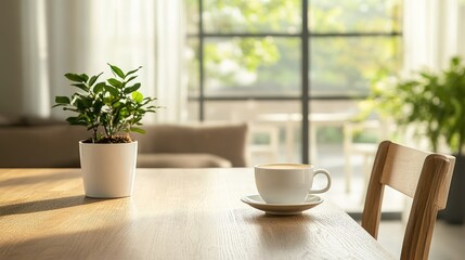 Interior design of dining room with wooden furniture and coffee cup.