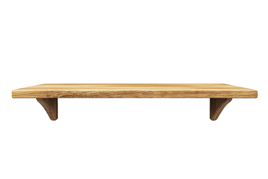 A simple wooden shelf with two supports attached to the wall against a black background space above it