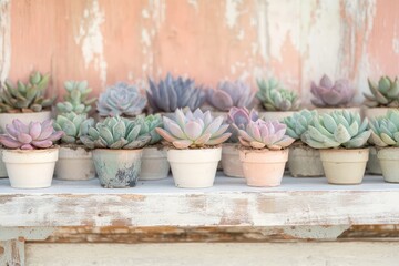 A collection of echeveria succulents in small pots arranged on a rustic white shelf against a peach-colored wall.