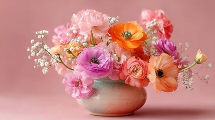 Obraz premium A vase filled with many flowers atop a pink surface, adorned with baby's breath