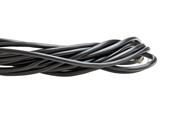 A close up view of tangled black electrical cords against a black background in a horizontal orientation