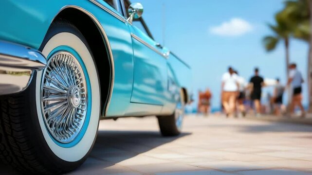 A blue car with a white rim is parked on a sidewalk.