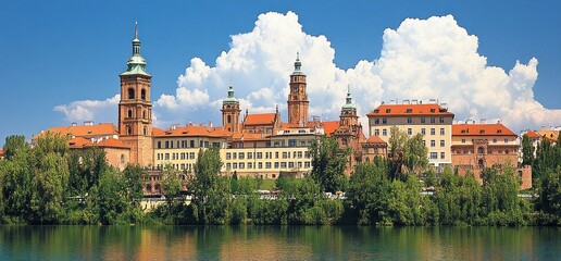 Obraz premium Scenic view of a historic riverside city with vibrant buildings under a bright blue sky
