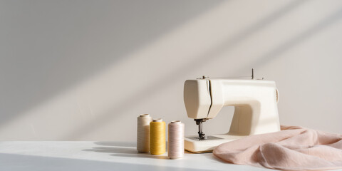 A sewing machine sits on a table next to spools of thread and fabric. Home sewing setup, creativity, crafting, hobby