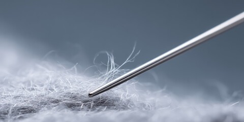 A needle touches fluffy fabric, highlighting delicate fibers in close-up view. Concept: precision, texture, detail