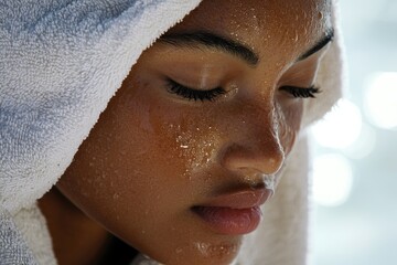 Close-Up of Woman's Face With Water Drops and White Towel Reflecting Sunlight