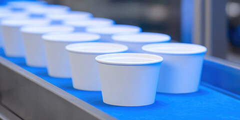 White cups are lined up on a blue conveyor belt in an industrial setting. Production, manufacturing, assembly, efficiency