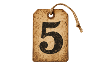 Vintage paper tag with number five printed in black on aged cardboard surface isolated on transparent background, png
