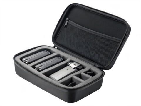 Drone and batteries in case isolated on transparent background