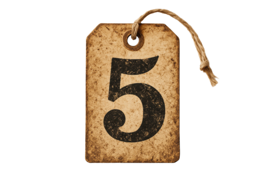 Vintage paper tag with number five printed in black on aged cardboard surface isolated on transparent background, png