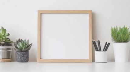 Mock-Up Frame with Succulent Flowers on White Desk