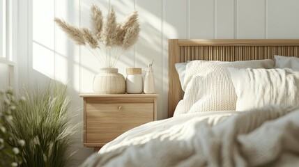 Mockup on wooden bedside table with grass, coffee, pillows in Scandinavian bedroom.