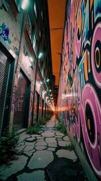 Ruelle &eacute;troite aux murs couverts de graffitis sous une lumi&egrave;re orange chaude

