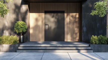 Naklejka premium Modern home entrance with decorative black security door and wooden panels