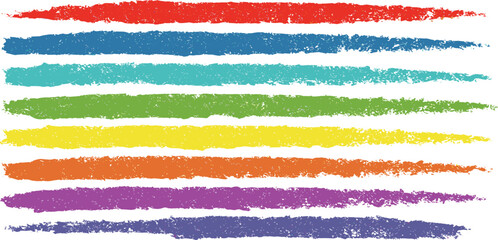 Colorful line brush strokes vector set - rainbow colors parallel marks with grunge texture. Hand drawn rough underline elements for decoration, border design or highlighting text.