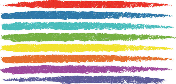 Colorful line brush strokes vector set - rainbow colors parallel marks with grunge texture. Hand drawn rough underline elements for decoration, border design or highlighting text.