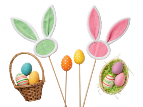 Easter eggs and bunny ears isolated on transparent background