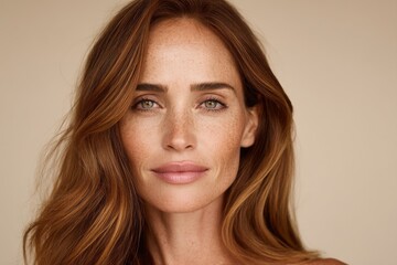 Naklejka premium The portrait of a stunning woman highlights a beautiful spa model girl with perfect, fresh, and clean skin, symbolizing the idea of youth and skin care set against a neutral beige background and