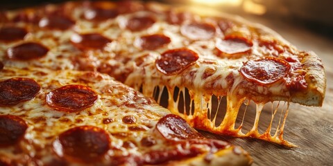 Pepperoni pizza slice with melted cheese being pulled away from a whole pizza on a wooden surface