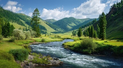 Serene River Flowing Through Lush Green Hills Under a Bright Blue Sky with Fluffy White Clouds in a Picturesque Mountain Landscape