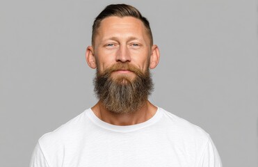 Fototapeta premium A confident man poses in front of a camera, looking directly at it, set against a plain white studio background with copy space