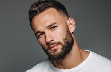 Obraz premium Image of a man exuding confidence as he looks at the camera, posing on a white studio background with space for text