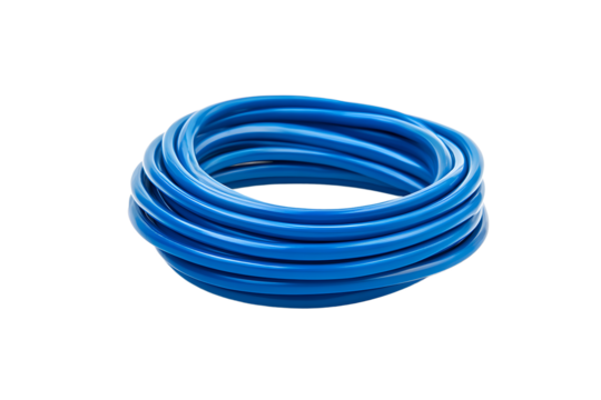 A coil of bright blue tubing neatly arranged on a plain black background in a studio setting