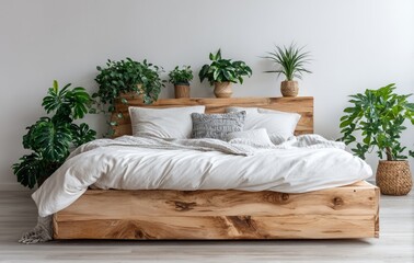 This real photo depicts a bedroom interior in a simple style, complete with a big bed and pillows, wooden flooring, a curtained window, a lamp, furniture, and a white background wall surrounded by