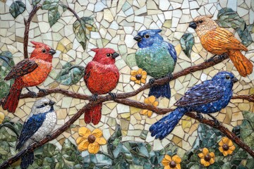 A vibrant mosaic artwork depicting colorful birds perched on branches adorned with flowers.