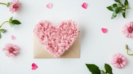 Obraz premium Pink flower heart and envelope on white backdrop. Valentine's Day concept. Flatlay view.