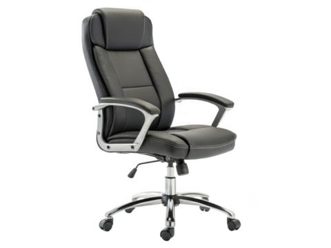A black leather office chair isolated on transparent background