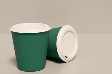 Two green paper cups sit on a table. 3d rendering