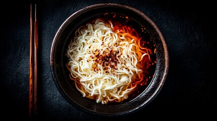 The dark surface holds a bowl of ramen noodles filled with flavor, and it's topped with green onions, herbs, and chili flakes, accompanied by scattered sesame seeds and spices
