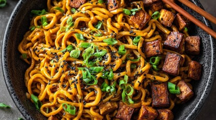 Fototapeta premium The dish consists of tender tofu cubes, which are grilled to perfection and combined with vibrant green onions, then sprinkled with sesame seeds, and served on a bed of noodles for a satisfying meal