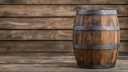 Wooden barrel with metal bands and a weathered finish