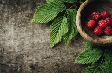 Fresh red raspberries with their natural peduncles and green leaves are arranged in a bowl on a brown wooden background, accompanied by wooden spoons and presented in a flat lay style