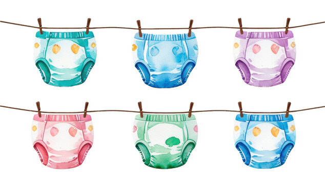 Tendedero con pa&ntilde;ales de beb&eacute; estilo acuarela, aislada sobre fondo transparente. PNG.