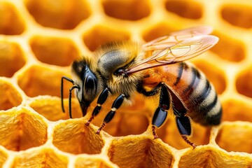 A honeybee meticulously works within a honeycomb, showcasing intricate details of its body and the honeycomb's structure.