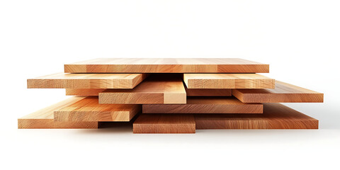 Stack of wooden planks with different sizes on white background